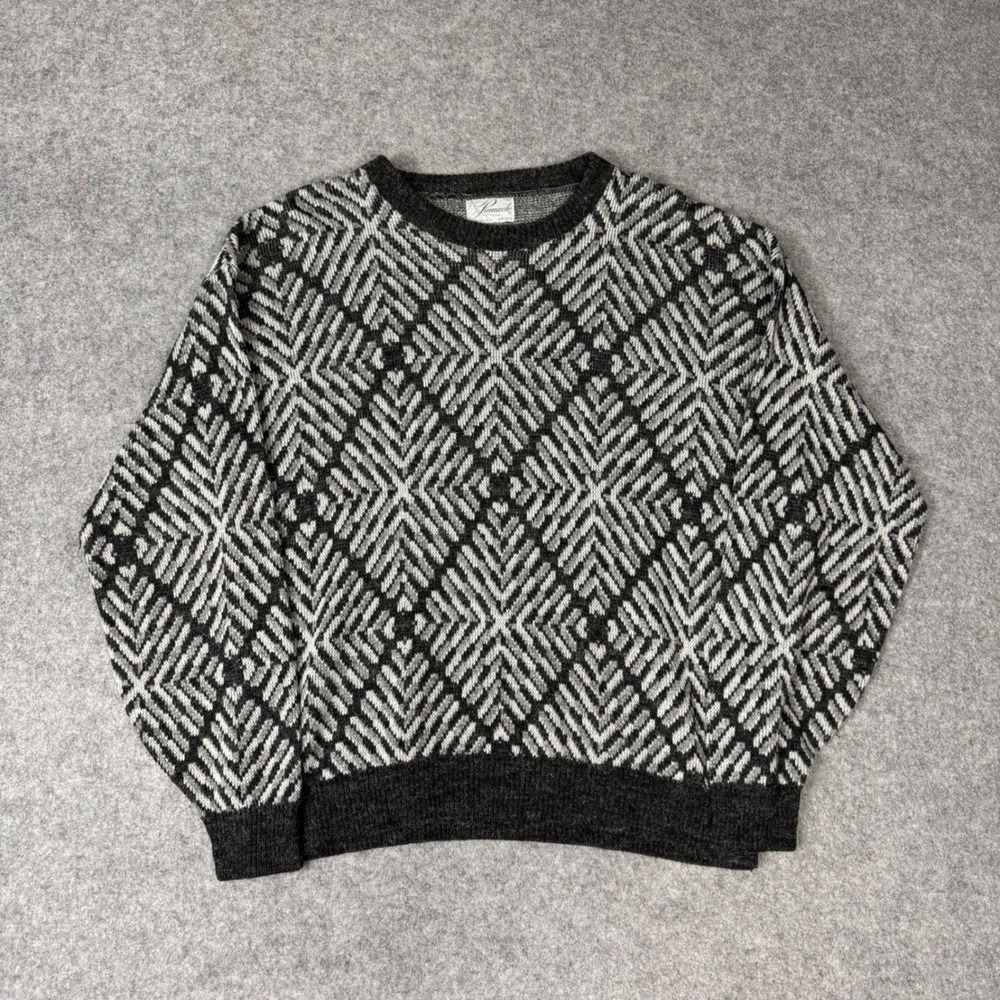 Vintage Pinnacle Mens Large Geometric Diamond Knit‎ Sweater Black White